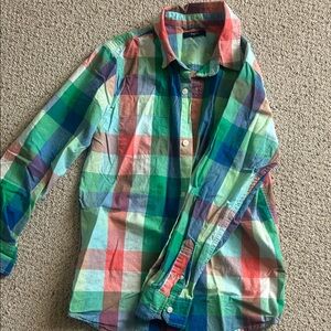 GAP Men's Multicolor Plaid Button-Down Shirt - Green, Blue, Coral, Cream